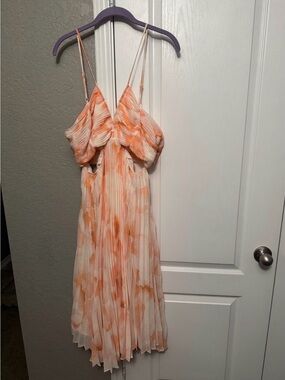 Express Orange and White Pleated Midi Dress